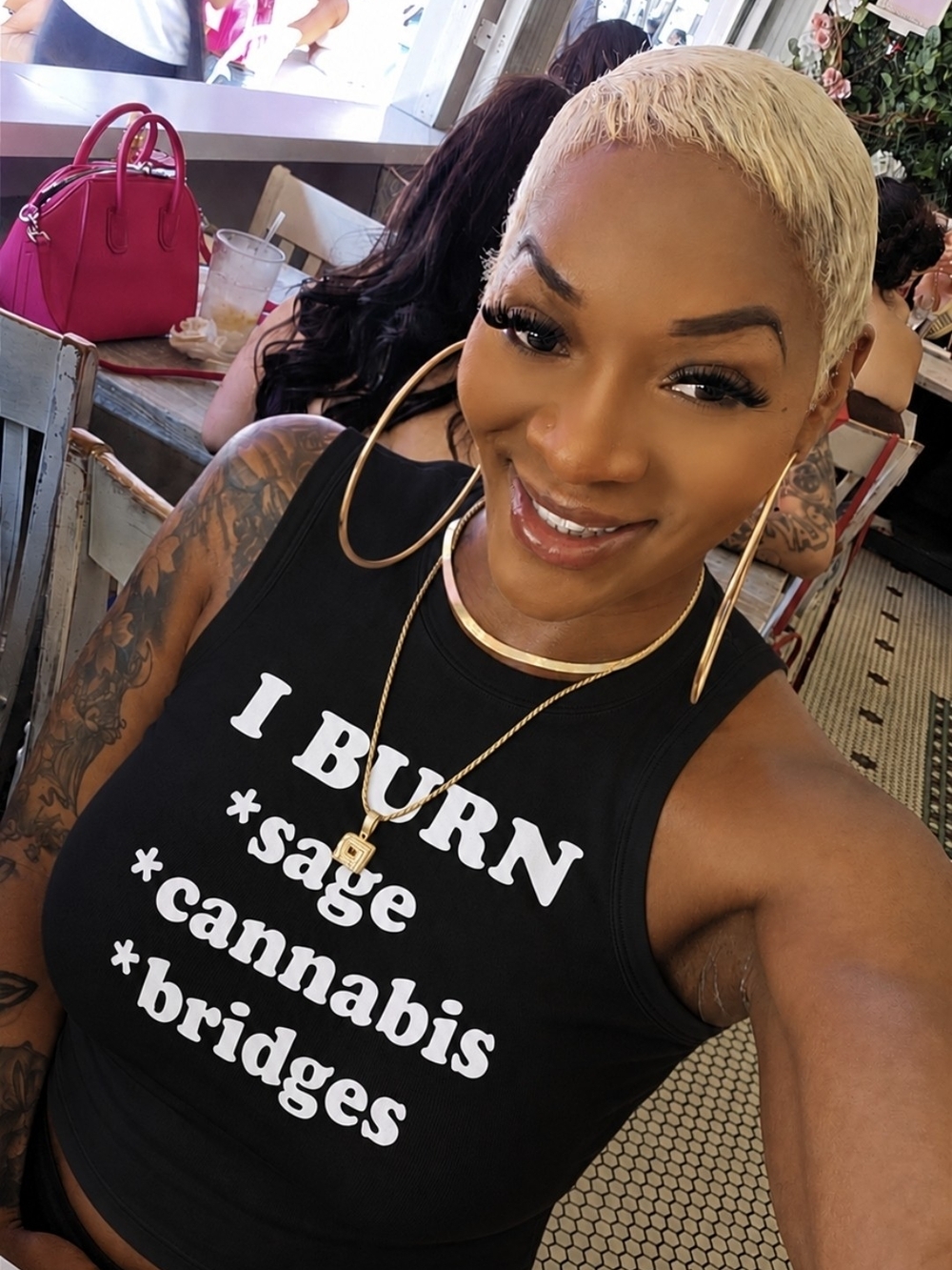 Women’s Black Graphic Tank Top - I BURN Sage Cannabis Bridges